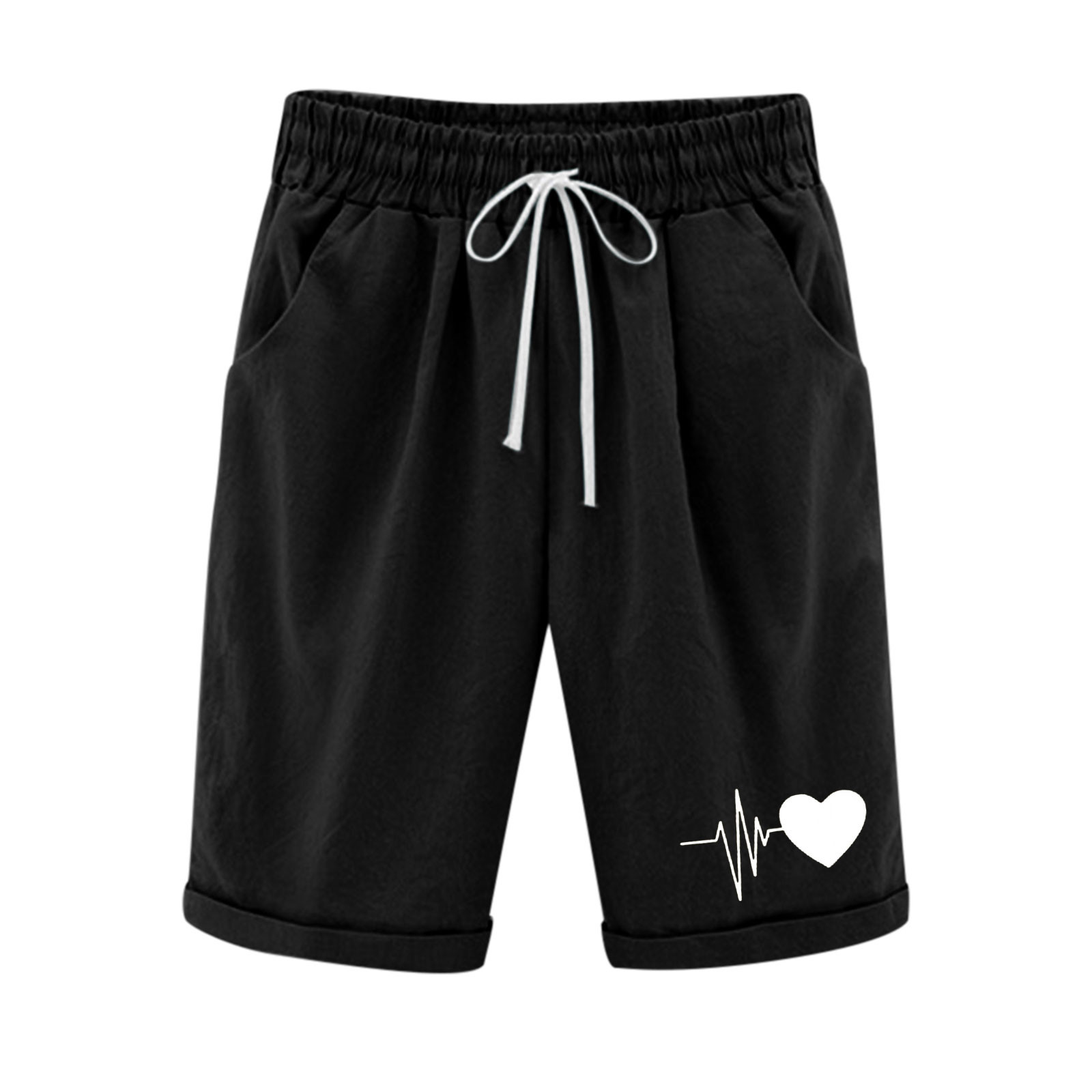 Women's Elastic Waist Knee Length Casual Cotton Bermuda Shorts with Drawstring,Shorts for Women Heart Print Summer Lounge Jersey Shorts